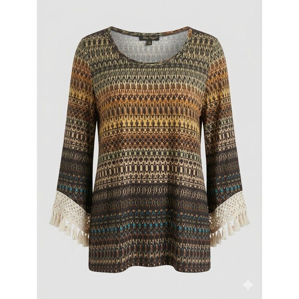 Melissa Paige Boho Geometric Print Top Large Crochet Fringe Bell Sleeve...
